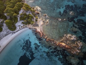 Aerial view, colourful rocks in the sea, rocky bay, Corsica, France