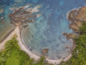 Aerial view, colourful rocks in the sea, rocky bay, Corsica, France