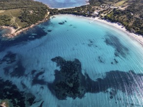 Aerial view, Plage de Rondinara, turquoise sea, sandy beach, bay, Corsica, France