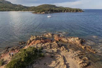 Aerial view, Plage de Rondinara, turquoise sea, sandy beach, bay, Corsica, France