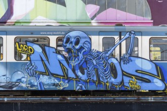Blue skeleton graffiti art on a train with urban background, at the harbour of Linz Upper Austria