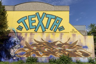 Dynamic graffiti of a roaring lion and large text on a yellow wall, at Linz harbour Upper Austria