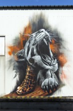 Realistic graffiti of a roaring leopard on the outside wall of a building, at the harbour of Linz