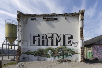 Abandoned building with the lettering Grime and plant pattern, at the harbour Linz Upper Austria