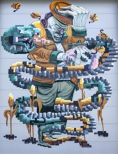 A man holding a hat, surrounded by pixelated snakes, at the harbour of Linz Upper Austria Austria