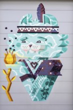 Illustration of a stylised cat decorated with a headdress and feather, at the port of Linz, Upper