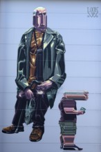 Distorted portraits of a standing and a seated person as modern wall art, at Linz harbour Upper