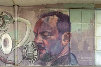 Realistic portrait of a man with a microphone painted on a wall, at the harbour Linz Upper Austria