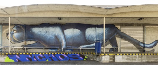 Blue cat graffiti running along a wall, with urban flair, at Linz harbour Upper Austria Austria