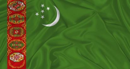 Flag of Turkmenistan with cloth texture. Close up of Turkmenistan flag waving