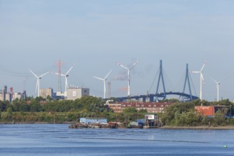 Spree harbour with Köhlbrand bridge and wind turbines, Hamburg, Germany