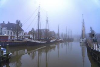 Typical canal with sailing boats in the winter fog, Harlingen, Friesland, Netherlands
