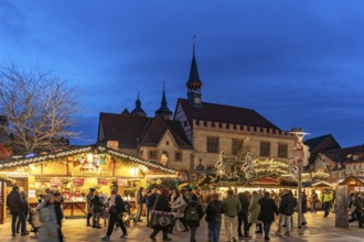 Christmas market in front of the Old Town Hall at dusk, Göttingen, Lower Saxony, Germany