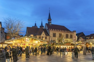 Christmas market in front of the Old Town Hall at dusk, Göttingen, Lower Saxony, Germany