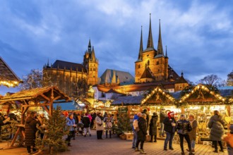 Christmas market in front of Erfurt Cathedral and the Severi Church on Cathedral Square in the