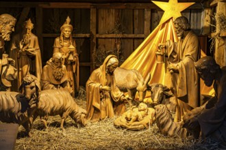 Nativity scene at the Christmas market in Erfurt at dusk, Thuringia, Germany