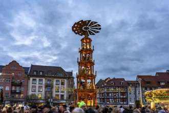 Christmas pyramid at the Christmas market on the cathedral square in the old town centre of Erfurt