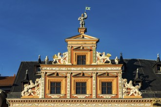 Gable of the Haus zum Breiten Herd at the fish market in Erfurt, Thuringia, Germany