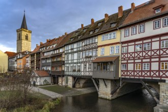 The half-timbered medieval Krämerbrücke bridge over the River Gera in Erfurt, Thuringia, Germany