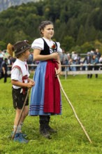 Cattle drive, cattle drive, domestic cattle (Bovidae), shepherdess, children, lederhosen, dirndl,