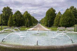 Fountain in front of the Monopteros columned temple, spa gardens, Bad Staffelstein, Upper