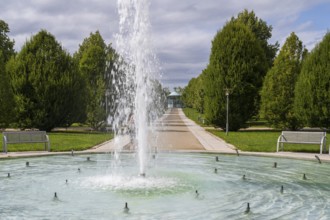 Fountain in front of the Monopteros columned temple, spa gardens, Bad Staffelstein, Upper