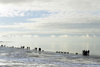 North Sea coast, view to the beach promenade of Norddeich, Wadden Sea with rising water and calm