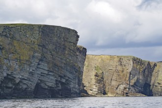 High cliffs with visible layers of rock stretch along the sea, Isle of Noss, Shetland Islands,