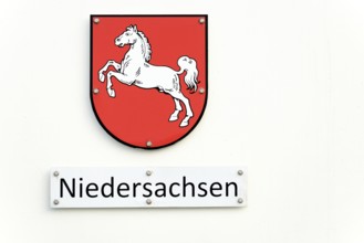 Lower Saxony coat of arms and lettering on a white background, Norddeich, Lower Saxony, Germany