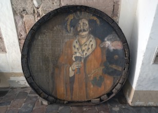 Historical lid of a large wine barrel, Nuremberg, Middle Franconia, Bavaria, Germany
