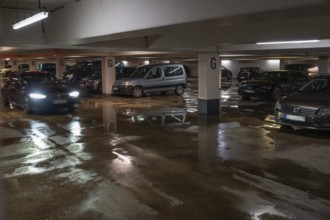 Flooded car park after a cloudburst, Nuremberg, Middle Franconia, Bavaria, Germany