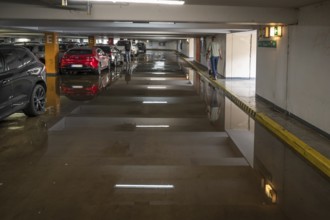 Flooded car park after a cloudburst, Nuremberg, Middle Franconia, Bavaria, Germany