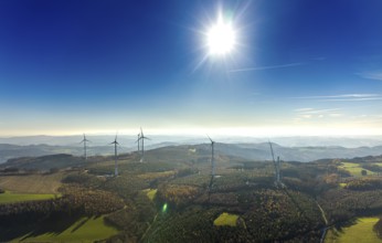Aerial photo, wind turbines and construction site for a new wind turbine in the Riesenhagen forest