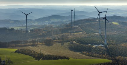 Aerial photo, wind turbines and construction site for a new wind turbine in the Riesenhagen forest