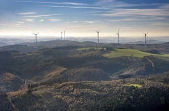 Aerial photo, wind turbines and construction site for a new wind turbine in the Riesenhagen forest