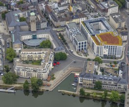 Aerial view, Ruhrbania, city centre of Mülheim, a week ago the Ruhr was flooded, course of the