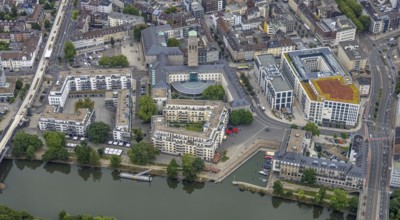 Aerial view, Ruhrbania, city centre of Mülheim, a week ago the Ruhr was flooded, course of the