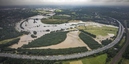 Aerial photo, Ruhr flood, flooding, Ruhrbogen between Oberhausen-Alstaden and Mülheim, Alstaden,
