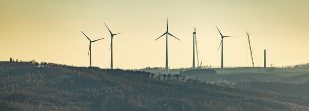 Aerial photo, wind turbines and construction site for a new wind turbine in the Riesenhagen forest