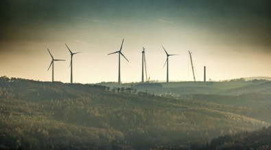 Aerial photo, wind turbines and construction site for a new wind turbine in the Riesenhagen forest