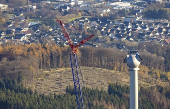 Aerial photo, wind turbines and construction site for a new wind turbine in the Riesenhagen forest