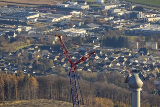 Aerial photo, wind turbines and construction site for a new wind turbine in the Riesenhagen forest