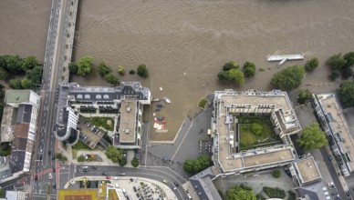 Aerial photo, Ruhr flood, flooding, Ruhrbania with flooding in the old town I, Mülheim an der Ruhr,