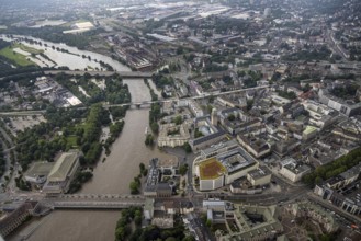 Aerial photo, Ruhr flood, flooding, Ruhrbania with flooding in the old town I, Mülheim an der Ruhr,