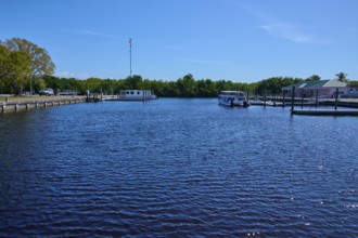 Open harbour with several boats and clear sky, Flamingo, Marina, Everglades National Park, Florida,