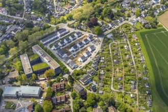 Aerial view, airport housing estate, building site and new building housing estate