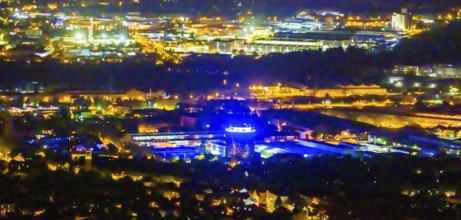 Aerial view, Geneba Industrial Park, Siemens tower office with blue lighting, Altstadt II, Mülheim