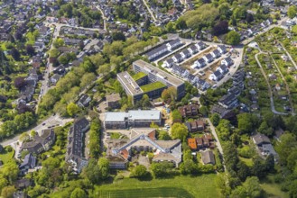 Aerial view, airport housing estate, construction site and new housing estate