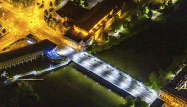 Aerial view, castle bridge over the river Ruhr, civic hall Mülheim, RWW Rheinisch-Westfälische