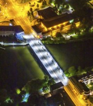 Aerial view, castle bridge over the river Ruhr, civic hall Mülheim, RWW Rheinisch-Westfälische